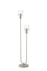 Brandroot Ribbed Floor Lamp, 2 Light E27, Beige Stone/Clear Narrow Line Glass