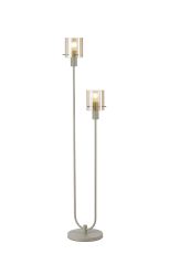 Brandroot Ribbed Floor Lamp, 2 Light E27, Beige Stone/Amber Wide Line Glass