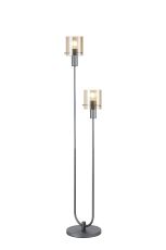 Brandroot Ribbed Floor Lamp, 2 Light E27, Dark Grey/Amber Wide Line Glass