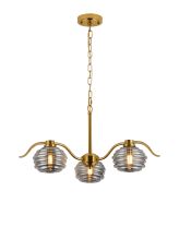 Corte 70cm 3 Light Multi Arm Pendant With 160mm Glass, Brass/Smoke