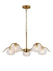 Corte 80cm 5 Light Multi Arm Pendant With 160mm Glass, Brass/Clear