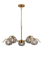 Corte 80cm 5 Light Multi Arm Pendant With 160mm Glass, Brass/Smoke