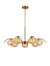 Corte 86cm 7 Light Multi Arm Pendant With 160mm Glass, Brass/Amber