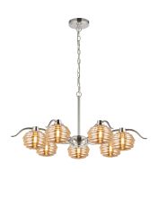 Corte 86cm 7 Light Multi Arm Pendant With 160mm Glass, Polished Nickel/Amber