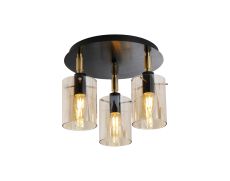 Rada 30cm Round Semi Ceiling With 10x13.5cm Cylinder Glass, 3 Light E14, IP44, Black/Brass Gold/Amber