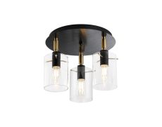 Rada 30cm Round Semi Ceiling With 10x13.5cm Cylinder Glass, 3 Light E14, IP44, Black/Brass Gold/Clear