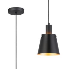 Tera Single Pendant With 16cm x 14cm Shade, 1 Light E27, Sand Black/Black/Gold Metal Shade