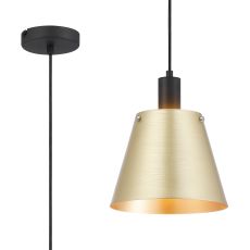 Tera Single Pendant With 23cm x 18cm Shade, 1 Light E27, Sand Black/Brass/Gold Metal Shade