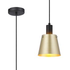 Tera Single Pendant With 16cm x 14cm Shade, 1 Light E27, Sand Black/Brass/Gold Metal Shade