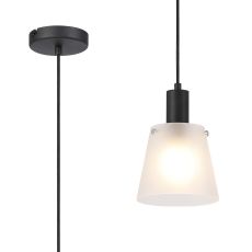 Tera Single Pendant With 16cm x 14cm Shade, 1 Light E27, Sand Black/Frosted White Glass Shade