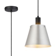 Tera Single Pendant With 23cm x 18cm Shade, 1 Light E27, Sand Black/Light Grey/Silver Metal Shade