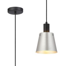 Tera Single Pendant With 16cm x 14cm Shade, 1 Light E27, Sand Black/Light Grey/Silver Metal Shade