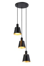 Tera 41cm Round Pendant With 16cm x 14cm Shade, 3 Light E27, Sand Black/Black/Gold Metal Shade