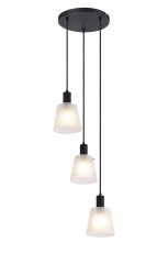 Tera 41cm Round Pendant With 16cm x 14cm Shade, 3 Light E27, Sand Black/Frosted White Glass Shade