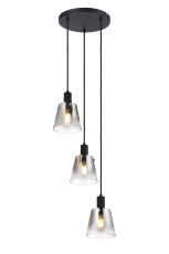 Tera 41cm Round Pendant With 16cm x 14cm Shade, 3 Light E27, Sand Black/Smoke Faded Glass Shade