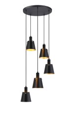 Tera 53cm Round Pendant With 16cm x 14cm Shade, 5 Light E27, Sand Black/Black/Gold Metal Shade