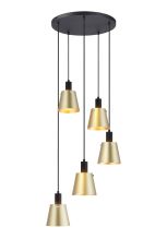 Tera 53cm Round Pendant With 16cm x 14cm Shade, 5 Light E27, Sand Black/Brass/Gold Metal Shade