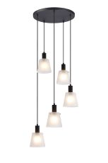 Tera 53cm Round Pendant With 16cm x 14cm Shade, 5 Light E27, Sand Black/Frosted White Glass Shade