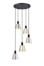 Tera 53cm Round Pendant With 16cm x 14cm Shade, 5 Light E27, Sand Black/Light Grey/Silver Metal Shade