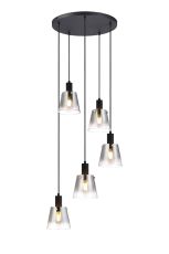 Tera 53cm Round Pendant With 16cm x 14cm Shade, 5 Light E27, Sand Black/Smoke Faded Glass Shade