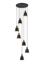 Tera 58cm Round Pendant With 16cm x 14cm Shade, 7 Light E27, Sand Black/Black/Gold Metal Shade