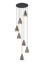 Tera 58cm Round Pendant With 16cm x 14cm Shade, 7 Light E27, Sand Black/Brown/Copper Metal Shade