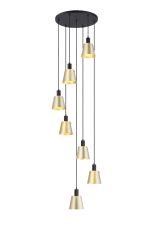 Tera 58cm Round Pendant With 16cm x 14cm Shade, 7 Light E27, Sand Black/Brass/Gold Metal Shade