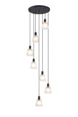 Tera 58cm Round Pendant With 16cm x 14cm Shade, 7 Light E27, Sand Black/Frosted White Glass Shade