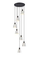 Tera 58cm Round Pendant With 16cm x 14cm Shade, 7 Light E27, Sand Black/Light Grey/Silver Metal Shade