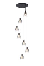 Tera 58cm Round Pendant With 16cm x 14cm Shade, 7 Light E27, Sand Black/Smoke Faded Glass Shade