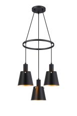 Tera 48cm Ring Pendant With 16cm x 14cm Shade, 3 Light E27, Sand Black/Black/Gold Metal Shade