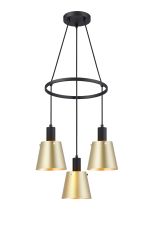 Tera 48cm Ring Pendant With 16cm x 14cm Shade, 3 Light E27, Sand Black/Brass/Gold Metal Shade