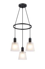 Tera 48cm Ring Pendant With 16cm x 14cm Shade, 3 Light E27, Sand Black/Frosted White Glass Shade