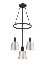 Tera 48cm Ring Pendant With 16cm x 14cm Shade, 3 Light E27, Sand Black/Light Grey/Silver Metal Shade