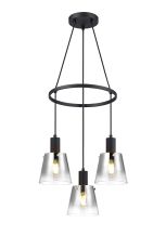 Tera 48cm Ring Pendant With 16cm x 14cm Shade, 3 Light E27, Sand Black/Smoke Faded Glass Shade