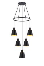 Tera 61cm Ring Pendant With 16cm x 14cm Shade, 5 Light E27, Sand Black/Black/Gold Metal Shade