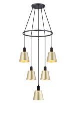 Tera 61cm Ring Pendant With 16cm x 14cm Shade, 5 Light E27, Sand Black/Brass/Gold Metal Shade