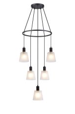 Tera 61cm Ring Pendant With 16cm x 14cm Shade, 5 Light E27, Sand Black/Frosted White Glass Shade