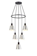 Tera 61cm Ring Pendant With 16cm x 14cm Shade, 5 Light E27, Sand Black/Light Grey/Silver Metal Shade