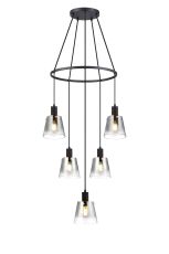 Tera 61cm Ring Pendant With 16cm x 14cm Shade, 5 Light E27, Sand Black/Smoke Faded Glass Shade