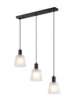 Tera Linear Pendant With 16cm x 14cm Shade, 3 Light E27, Sand Black/Frosted White Glass Shade