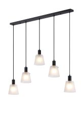 Tera Linear Pendant With 16cm x 14cm Shade, 5 Light E27, Sand Black/Frosted White Glass Shade