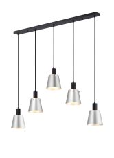 Tera Linear Pendant With 16cm x 14cm Shade, 5 Light E27, Sand Black/Light Grey/Silver Metal Shade