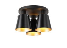 Tera 38cm Round Ceiling Light With 16cm x 14cm Shade, 3 Light E27, Sand Black/Black/Gold Metal Shade