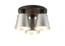 Tera 38cm Round Ceiling Light With 16cm x 14cm Shade, 3 Light E27, Sand Black/Light Grey/Silver Metal Shade