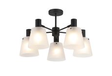 Tera Semi Ceiling Light Adjustable Arms With 16cm x 14cm Shade, 5 Light E27, Sand Black/Frosted White Glass Shade