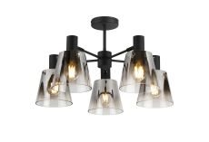 Tera Semi Ceiling Light Adjustable Arms With 16cm x 14cm Shade, 5 Light E27, Sand Black/Smoke Faded Glass Shade