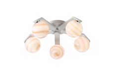 Bagno 54.3cm Flush Ceiling, 5 Light G9, IP44, White/Polished Chrome/Brown Round Marble Effect Glass
