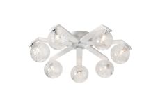 Bagno 64.5cm Flush Ceiling, 7 Light G9, IP44, White/Polished Chrome/Clear Dune Effect Round Glass