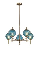 Gualtier 65cm Multi Height Pendant, 5 x G9, Antique Brass/Blue Glass